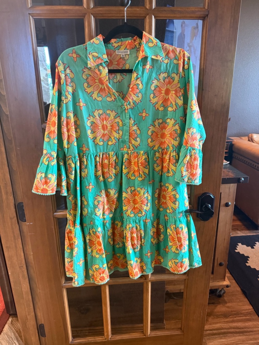 Boho Floral Tiered Mini Dress - Green with Orange Floral